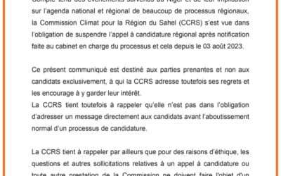 Communiqué de suspension de l’appel à candidature régional